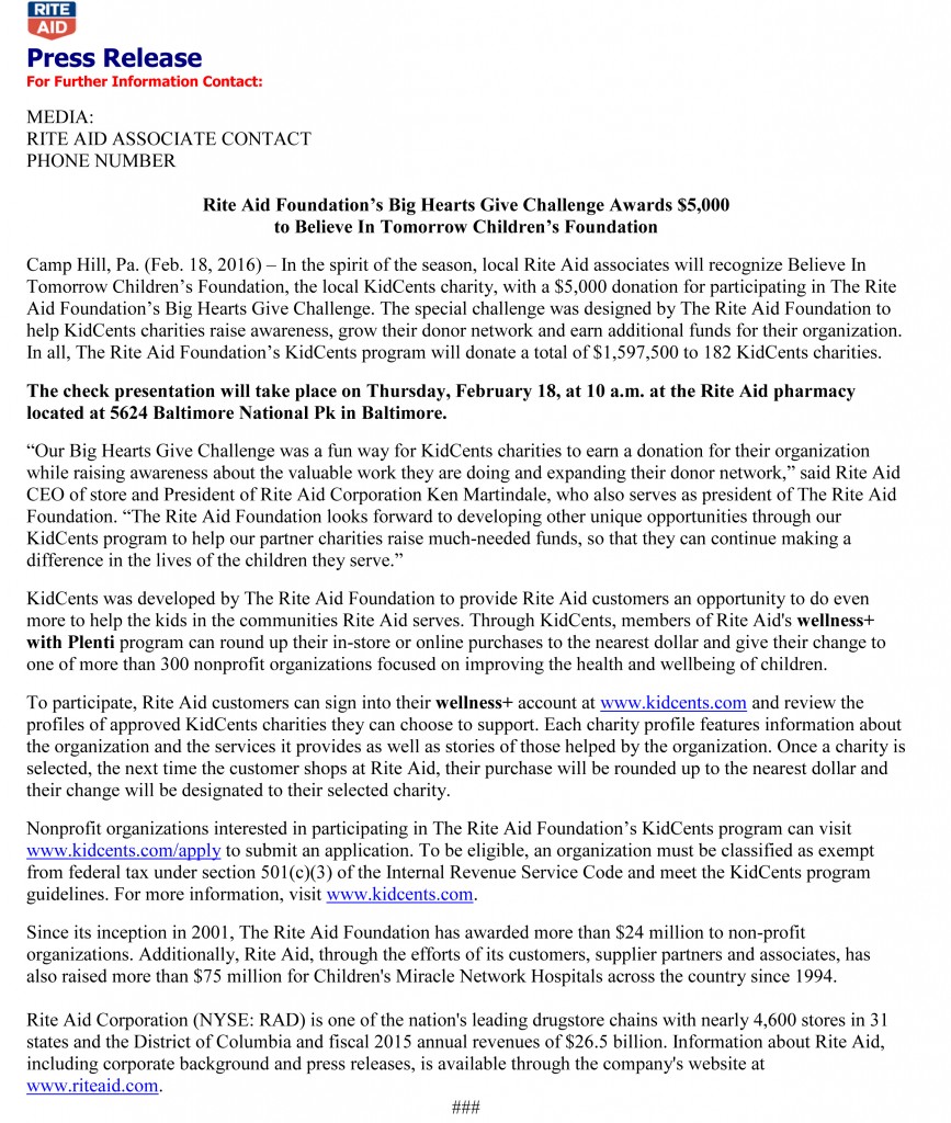 Rite Aid Press Release